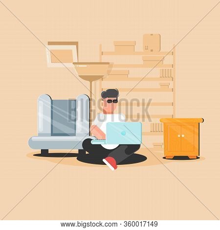 Young Man Sitting In Quarantine. The Young Man Is Engaged In Distance Learning. Remote Work And Onla