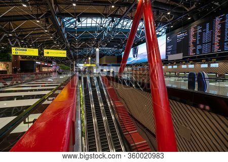 Moscow, Russia - 2020: Sheremetyevo International Airport, Interior Of Terminal C, Escalator.