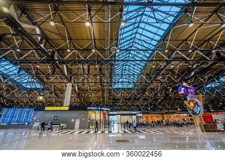 Moscow, Russia - 2020: Interior Of Sheremetyevo International Airport, Terminal C. Spacious Hall, Hi