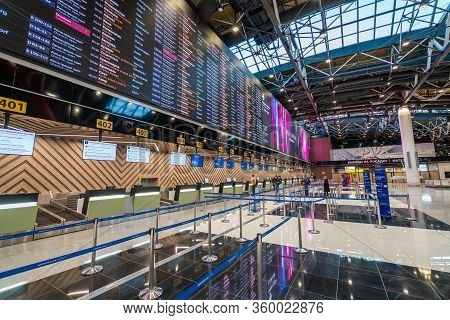 Moscow, Russia - 2020: Sheremetyevo International Airport, Terminal C. Check-in Counters. Electronic