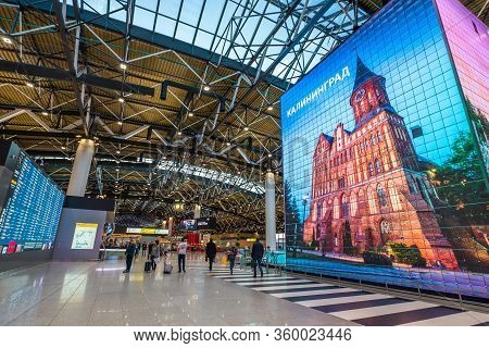 Moscow, Russia - 2020: Interior Of Sheremetyevo International Airport, Terminal C. Spacious Hall, Gl