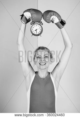 Control Time. Activity Time. Establishing The Clock Time. Time To Fight. Win The Day. Happy Woman Bo