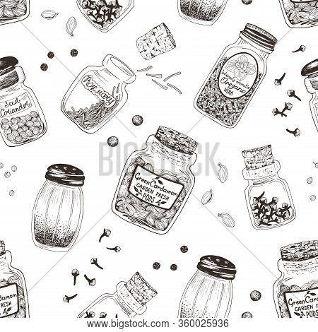 Spices In Jars Hand Drawn Seamless Pattern With Rosemary, Coriander, Cardamom, Pepper, Oregano And C