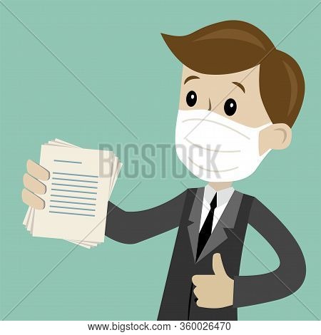 Businessman In Medical Mask Or Manager Has A Lot Of Jobs. Job Is Finished Successfull. Job Is Finish