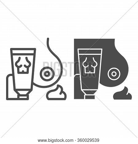 Breast Ointment Line And Solid Icon. Female Bubs And Tube Outline Style Pictogram On White Backgroun