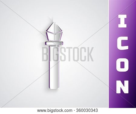 Paper Cut Magic Staff Icon Isolated On Grey Background. Magic Wand, Scepter, Stick, Rod. Paper Art S
