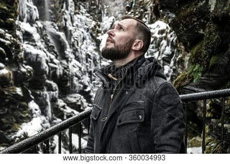 Tourist in Bordalsgjelet gorge in Voss, Norway.