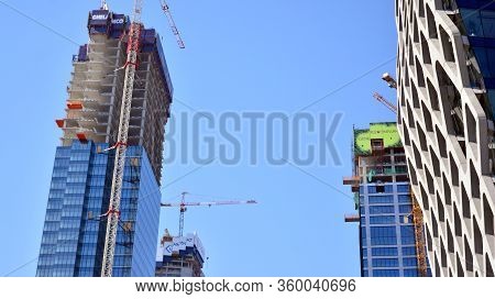 Warsaw, Poland. 7 April 2020. Roundabout Daszynski. New Skyscrapers In The Financial District Of Dow