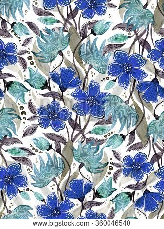 Abstract Floral Watercolor Seamless Pattern With Stylized Blue Flowers And Leaves On A White Backgro
