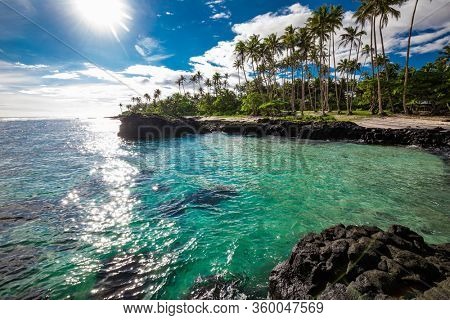 Vibrant tropical beach with palm trees, Upolu, Samoa.