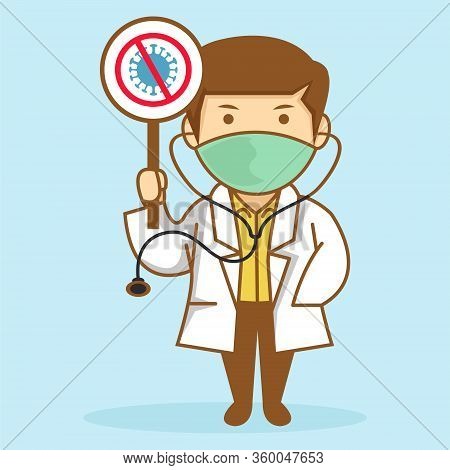 Cute Illustration Of Doctor Say No To Corona Virus On Soft Blue Background