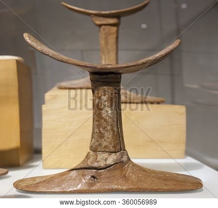 Barcelona, Spain - Dec 27th, 2019: Wooden Headdrests. Middle Kingdom, 2040 Bc. Museum Of Ancient Egy