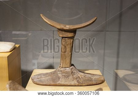 Barcelona, Spain - Dec 27th, 2019: Wooden Headdrest. Middle Kingdom, 2040 Bc. Museum Of Ancient Egyp
