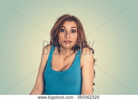 Confused Woman. Closeup Portrait Young Woman Indecisive Disorientated Bewildered Person Isolated Gre