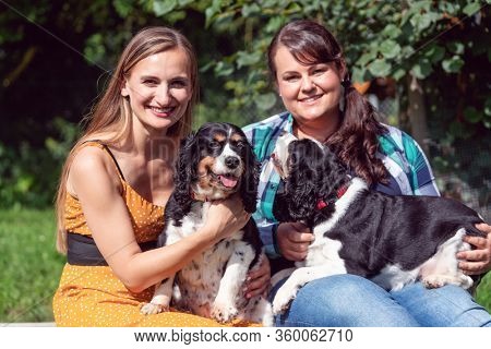 Two girlfriends having fun with dogs in the animal sanctuary getting to know them