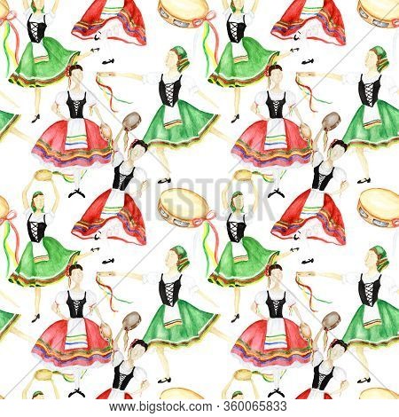 Seamless Pattern Dancers In National Costume An Italian Tarantella With A Tambourine On White Backgr