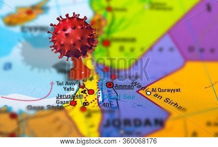 Covid-19 Outbreak Or New Coronavirus, 2019-ncov, Virus Pin In Tel Aviv On Map Of Israel. Covid 19-nc