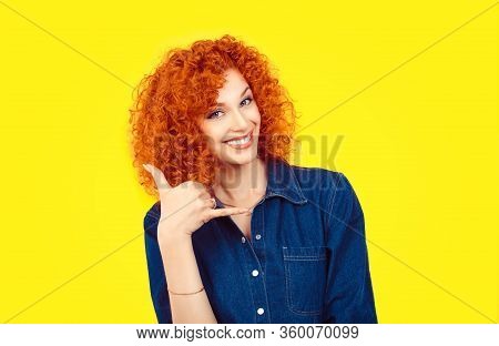 Give Me A Call. Closeup Portrait Redhead Curly Hair Woman Excited Happy Student Making Showing Call 