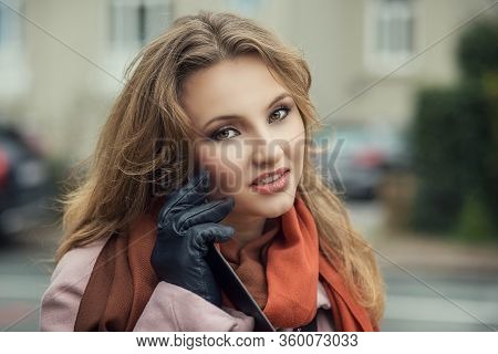 Woman Phone Talking. Closeup Young Happy Beautiful Woman Girl Lady Talking On Mobile Cell Phone Look
