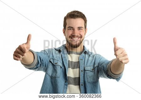 Very cassula young man giving the thumps up sigh isolated on a ehite backgroun