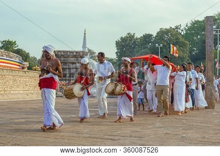 Anuradhapura, Sri Lanka - February 04, 2020: Musicians At The Head Of A Ceremonial Religious Process