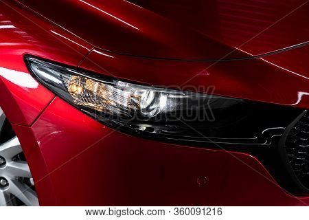Novosibirsk, Russia - March 03, 2020  Mazda 3, Close Up Of The Car Detailing: Beauty Clean Headlight