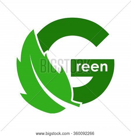 Letter G And A Green Leaf. The Stylized Green Word. Vector Stock Illustration Isolated On A White Ba