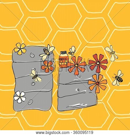 At The Hive, Bees Buzzing Around Manmade Beeboxes With Flowers On Bright Yellow Honeycomb Background