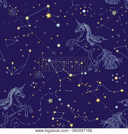Romantic Seamless Pattern With Cosmos And Linear Contour Unicorns On The Blue Background. Vector Ill