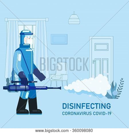 Man Edical Scientist In Chemical Protection Suit Disinfects Spray To Cleaning And Disinfect Virus Co