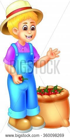 Handsome Farmer In Blue Jumpsuit And Brown Hat With A Sack Full Of Tomatos Cartoon