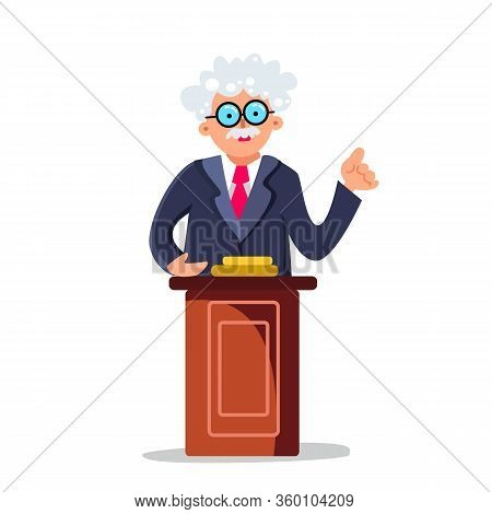 Professor Speaking Performance On Tribune Vector Illustration