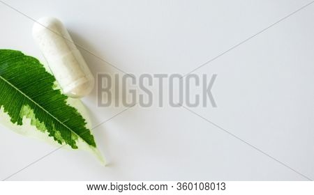 Close-up Medical Pill Capsule And Plant Leaf On White Background With Copy Space, Above. Concept Alt