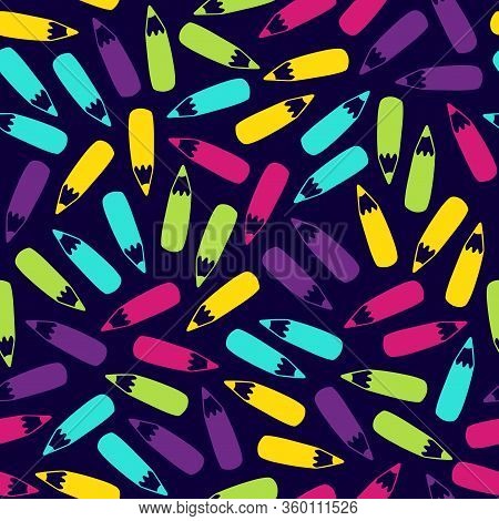 Seamless Pencil Pattern In Vector. Hand Drawn Colorful Illustration With Stationery. Doodle Endless 