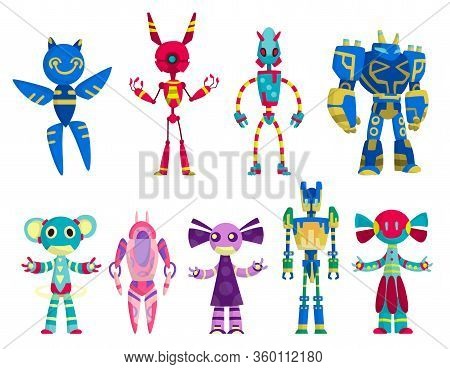 Set Of Funny Cartoon Robots. Cute Retro Robots. Robotic For Children. Friendly Android Robots Charac