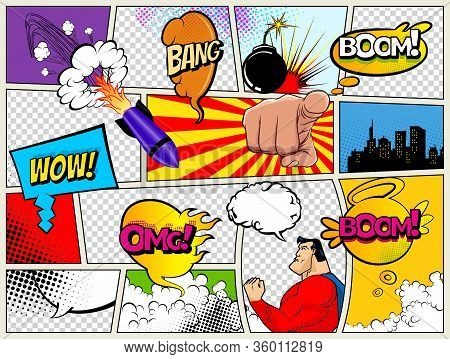 Grunge Retro Comic Speech Bubbles. Background With Radial Halftone Effects And Rays In Pop-art Style