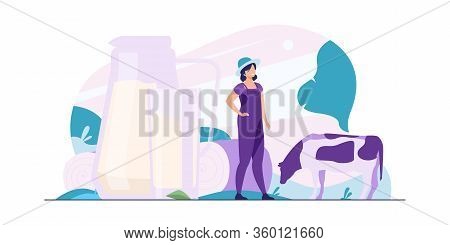 Fresh Milk In Glass Jug. Cow Pasturing On Farming Field. Vector Illustration For Farm Food, Nutritio