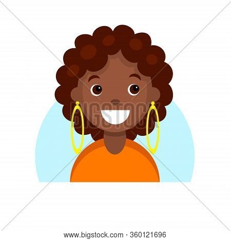 Face Of A Smiling Dark Skinned Girl. Cartoon Portrait Of A Young African Woman. Avatar Character For