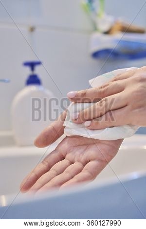 Unrecognizable Female Shows How To Wash Hands Properly. Woman Washs Hands With Soap. Scrubbing Hands