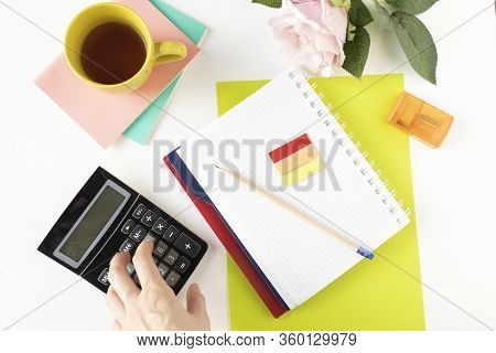 Work With Documents. Notebook, Pen, Notebook, Calculator, Financial Documents, A Cup Of Cappuccino C