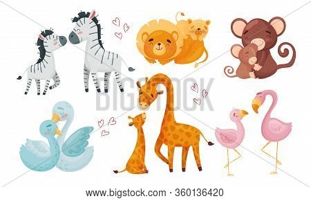 Zoo Mom Animals With Their Cubs Hugging And Cockering Them Vector Set