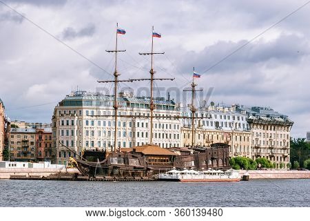 Old Frigate In An Eternal Parking Lot At The Mouth Of The Malaya Nevka River In St. Petersburg.