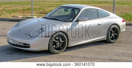 Bologna, Italy - February 6, 2019: Close Up View Of A Grey Turbo Sport Car, Porsche Carrera 996 Or P