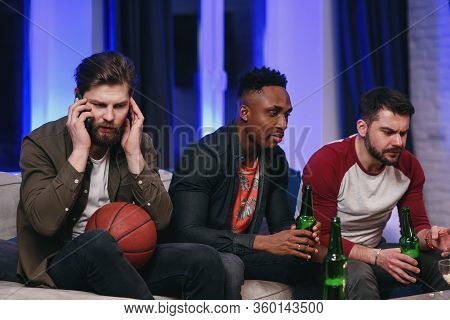Fierce Noisy Likable 30s Multiracial Male Friends Encouraging With Shouts Their Favourite Football T