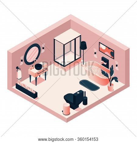 Isometric Pink Bathroom With Toilet Plumbing, Sink And Shower Stall. Vector Concept Scene Good For H