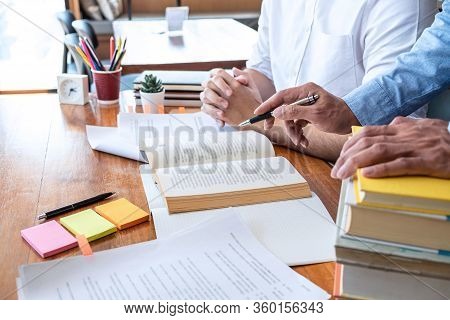Tutor Book With Friends Education, Group Students Studying And Teaching Helping And Study Course Wit
