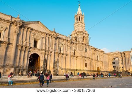 Arequipa, Provincia De Arequipa, Peru- January 28, 2014:  Pople Outside The Cathedral Catedral Basil