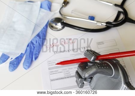 The Robot Writes Sars-sov-2. Coronavirus Test Concept. Robotic Medicine Concept. On The Table Are A 