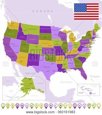 Detailed Map Of Usa With Flag, Border Of Regions And Country. Purple, Yellow, Green.