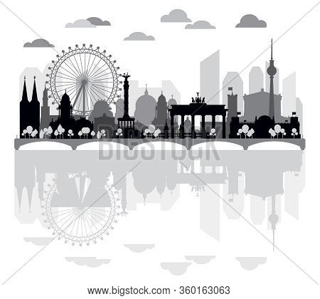 Horizontal Silhouette Illustration Of Berlin Architectural Landmarks And Reflection In Water. Panora